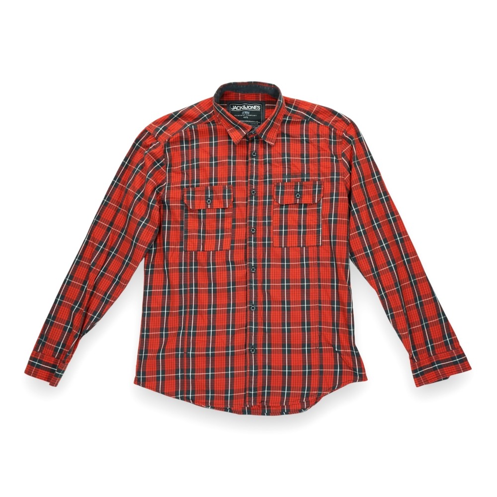 Jack & Jones‎ Shirt Men Plaid Button Front Elbow Patches Long Sleeve Pockets XL